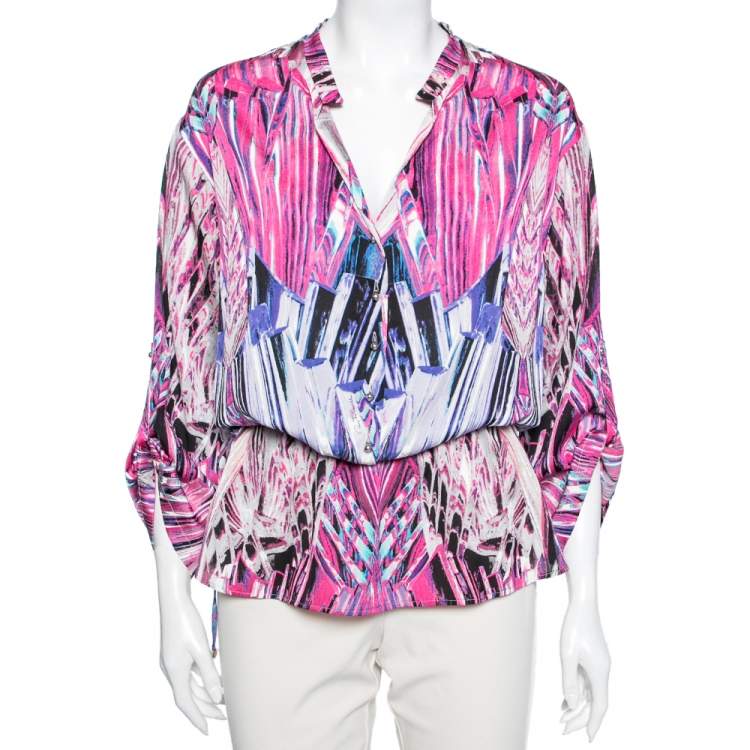 Pre Owned Roberto Cavalli Pink Printed Stretch Silk Drawstring Detail Blouse M