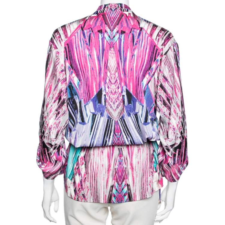Pre Owned Roberto Cavalli Pink Printed Stretch Silk Drawstring Detail Blouse M