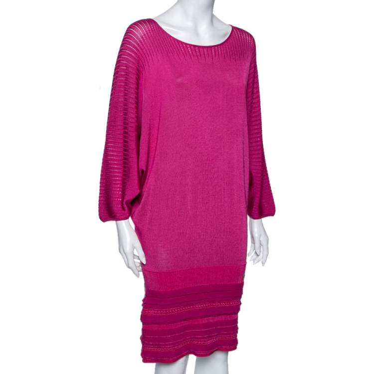Pre Owned Roberto Cavalli Fuchsia Patterned Wool Knit Draped Mini Dress M 