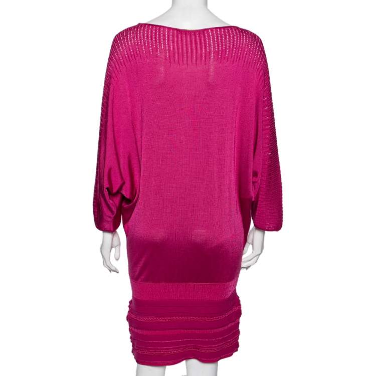Pre Owned Roberto Cavalli Fuchsia Patterned Wool Knit Draped Mini Dress M 