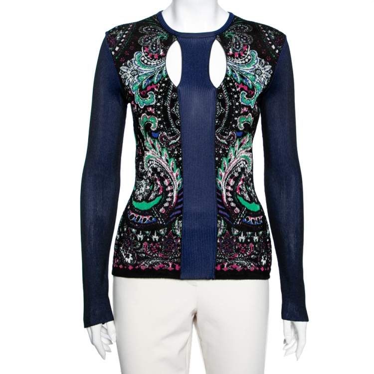 مملوكة مسبقًا Roberto Cavalli Multicolor Jacquard Knit Cutout Detail Jumper M