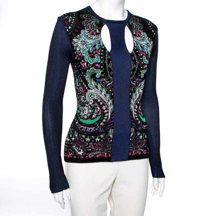 مملوكة مسبقًا Roberto Cavalli Multicolor Jacquard Knit Cutout Detail Jumper M