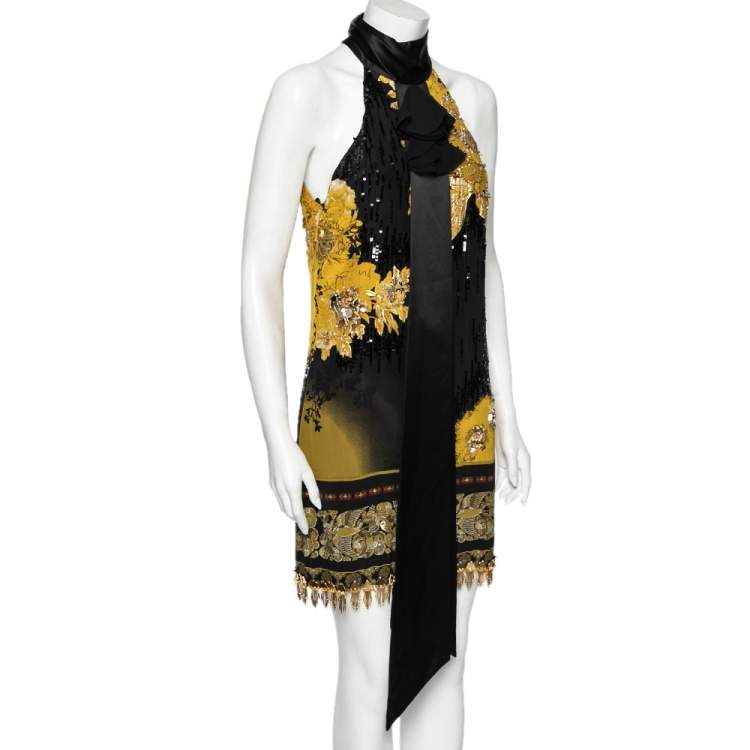 Pre Owned Roberto Cavalli Black & Yellow Printed Silk & Satin Trimmed Embellished Dress M