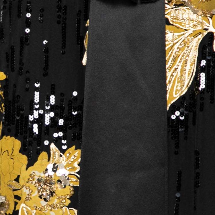 Pre Owned Roberto Cavalli Black & Yellow Printed Silk & Satin Trimmed Embellished Dress M