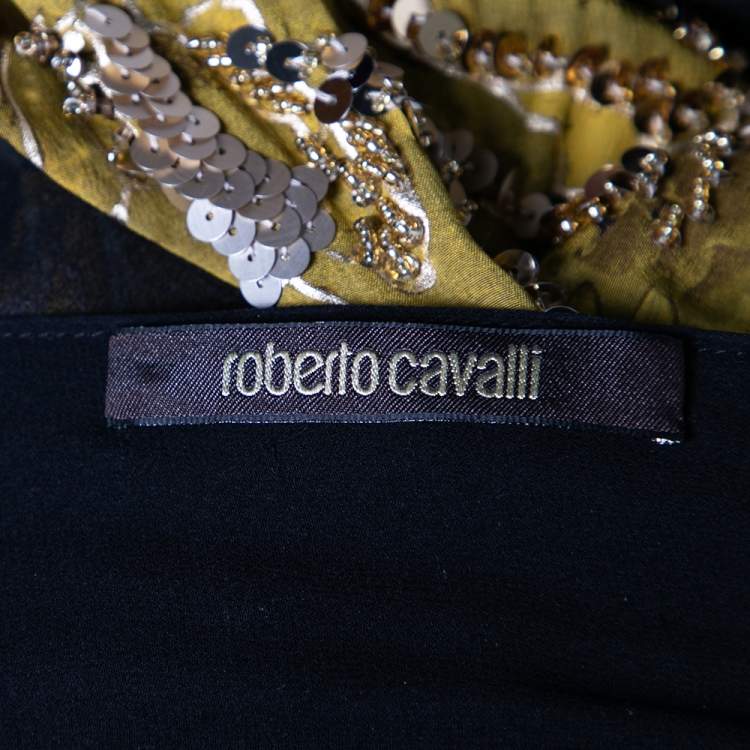 Pre Owned Roberto Cavalli Black & Yellow Printed Silk & Satin Trimmed Embellished Dress M