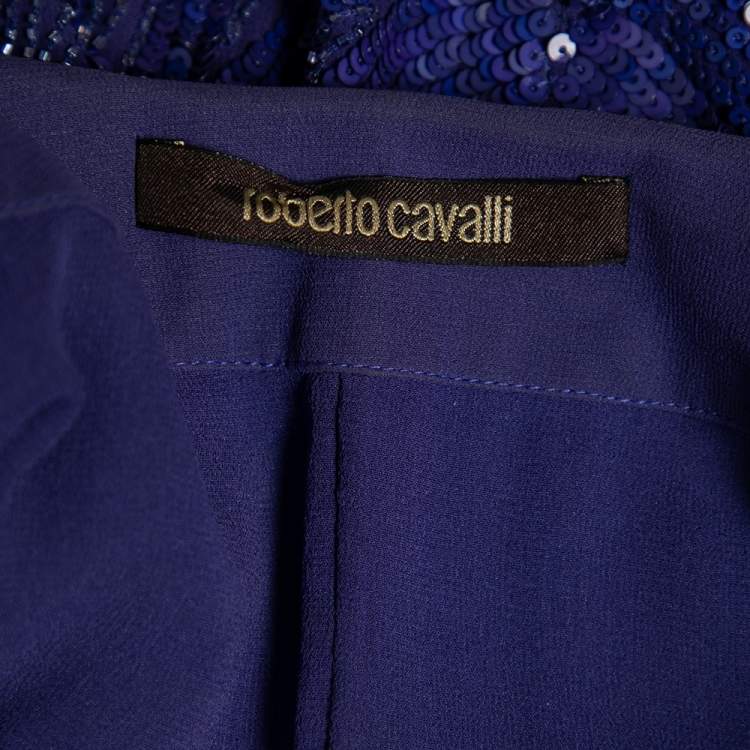 Pre Owned Roberto Cavalli Blue Embellished Silk Wrap Detail Long Sleeve Dress M