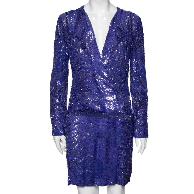 Pre Owned Roberto Cavalli Blue Embellished Silk Wrap Detail Long Sleeve Dress M