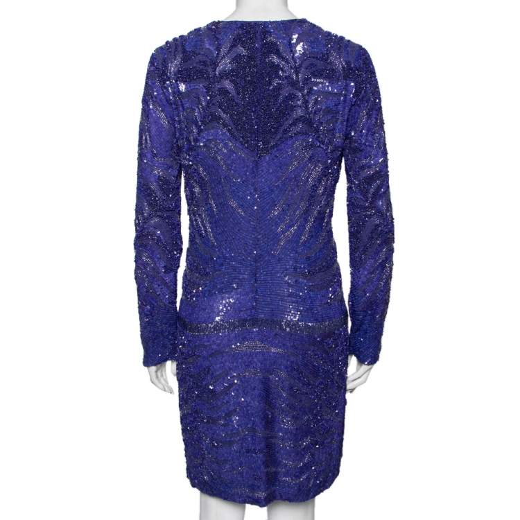 Pre Owned Roberto Cavalli Blue Embellished Silk Wrap Detail Long Sleeve Dress M