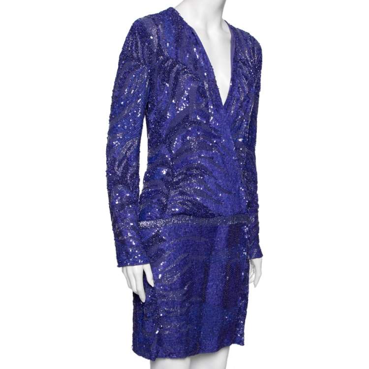 Pre Owned Roberto Cavalli Blue Embellished Silk Wrap Detail Long Sleeve Dress M