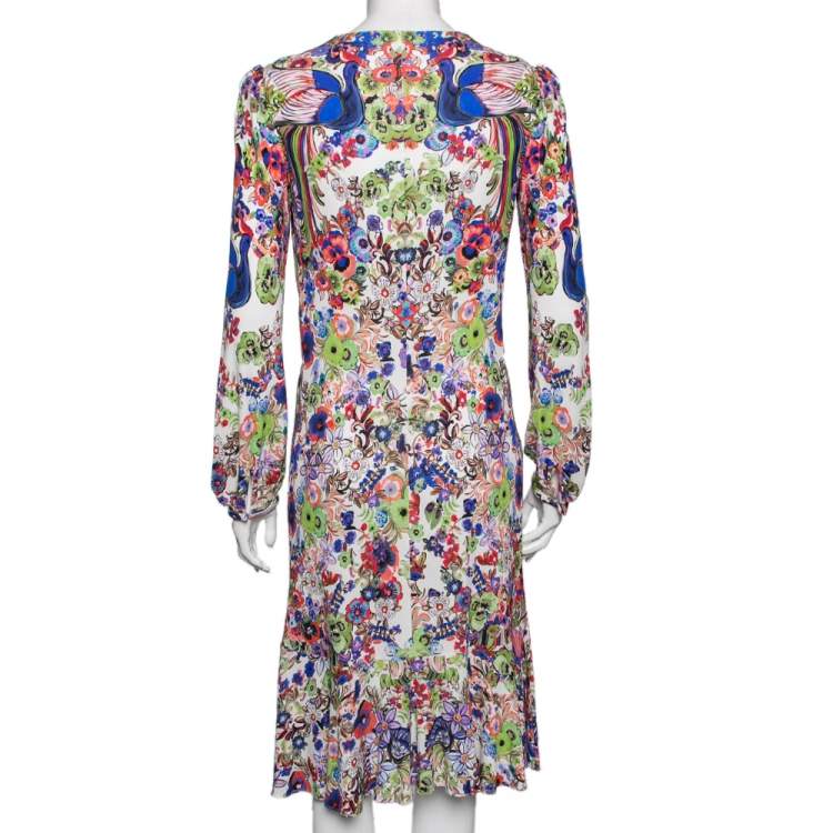Pre Owned Roberto Cavalli Multicolor Floral Printed Jersey Pleated Front V Neck Dress M