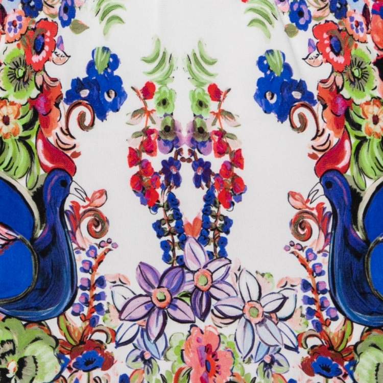 Pre Owned Roberto Cavalli Multicolor Floral Printed Jersey Pleated Front V Neck Dress M