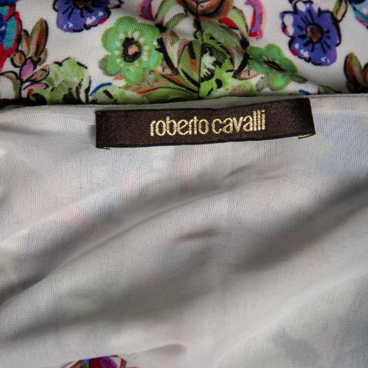 Pre Owned Roberto Cavalli Multicolor Floral Printed Jersey Pleated Front V Neck Dress M