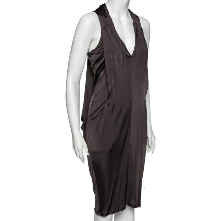 مملوكة مسبقًا Roberto Cavalli Grey Jersey Gathered Plunging Neck Dress M