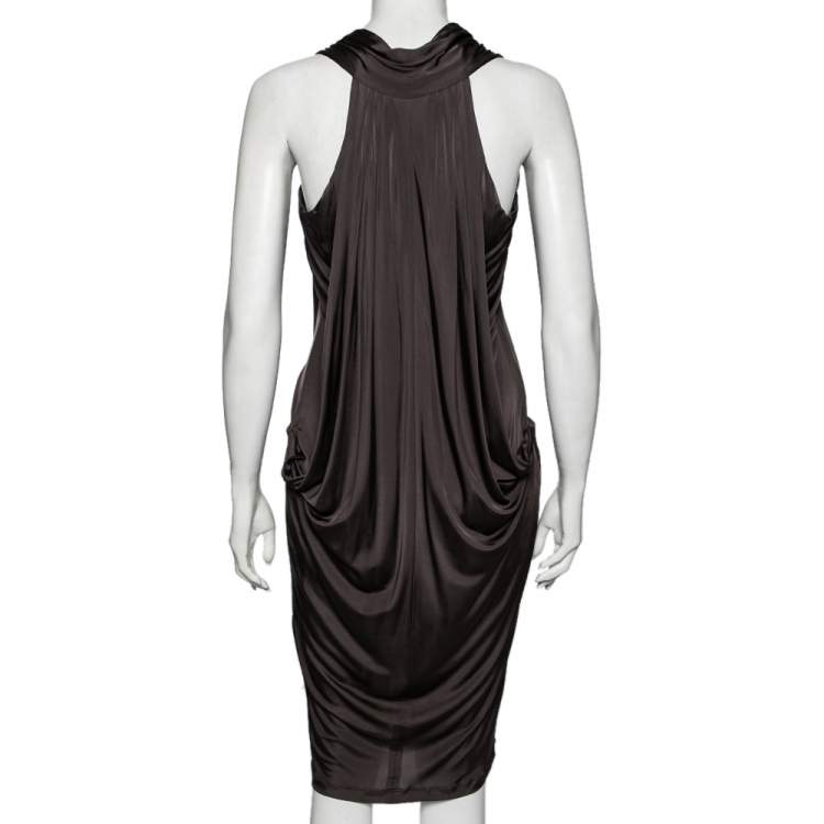 مملوكة مسبقًا Roberto Cavalli Grey Jersey Gathered Plunging Neck Dress M