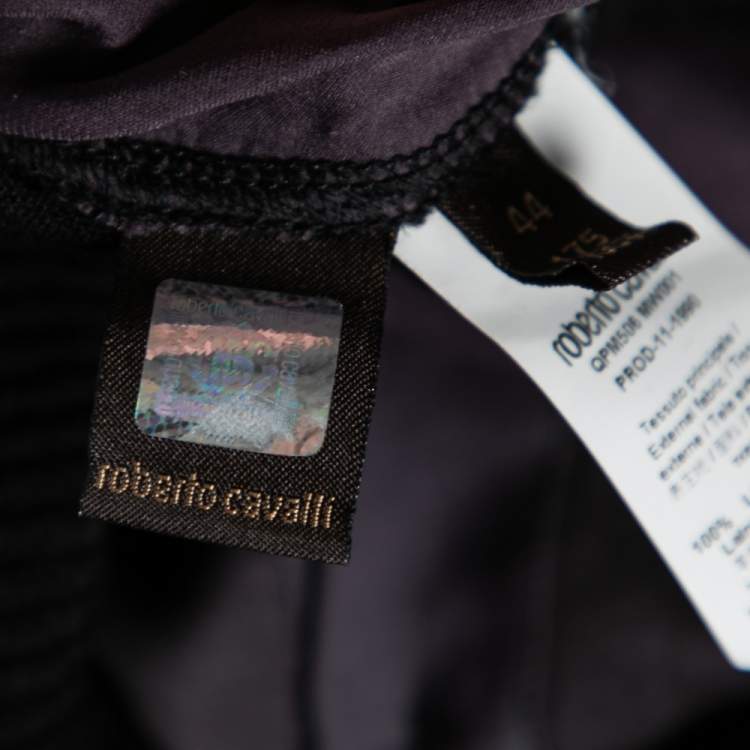 مملوكة مسبقًا Roberto Cavalli Black Wool & Printed Silk Shirt Inset Neck Tie Detail Cardigan M