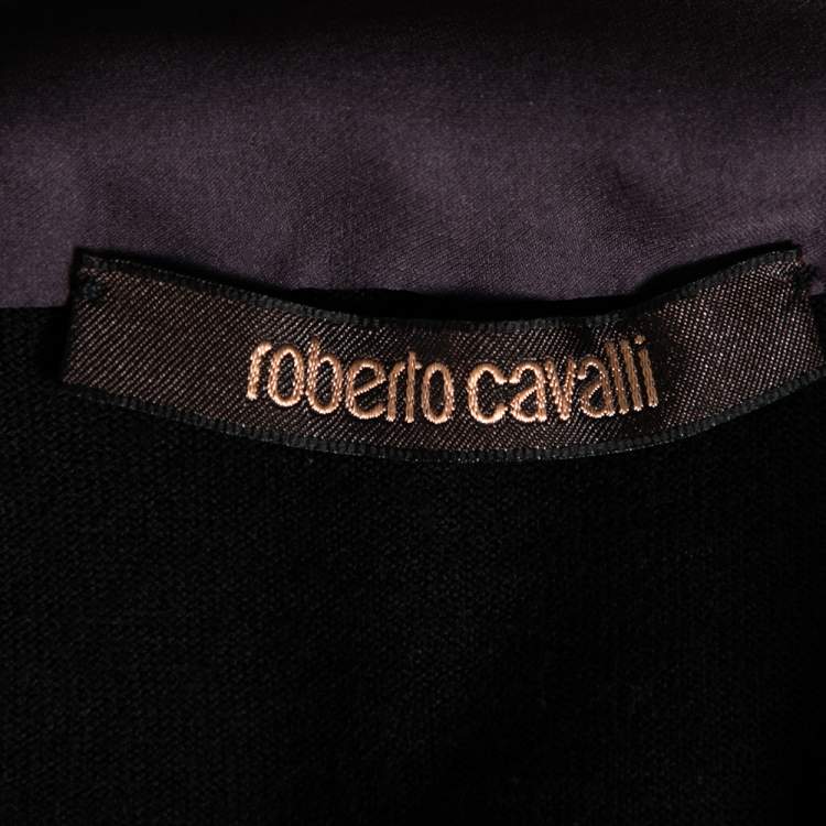 مملوكة مسبقًا Roberto Cavalli Black Wool & Printed Silk Shirt Inset Neck Tie Detail Cardigan M
