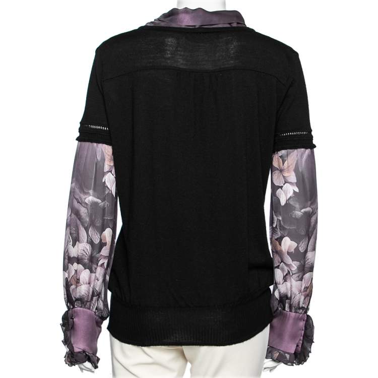 مملوكة مسبقًا Roberto Cavalli Black Wool & Printed Silk Shirt Inset Neck Tie Detail Cardigan M