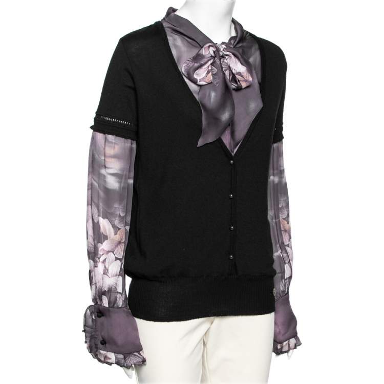 مملوكة مسبقًا Roberto Cavalli Black Wool & Printed Silk Shirt Inset Neck Tie Detail Cardigan M