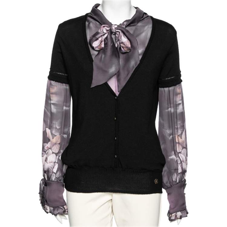 مملوكة مسبقًا Roberto Cavalli Black Wool & Printed Silk Shirt Inset Neck Tie Detail Cardigan M