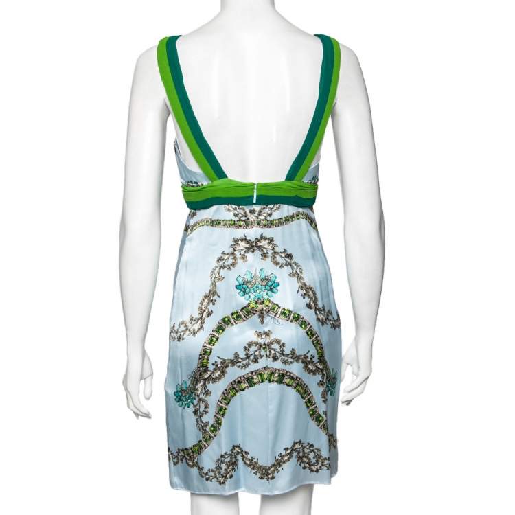 Pre Owned Roberto Cavalli Blue Jewel Printed and Embellished Plunging Neck Sleeveless Midi Dress M