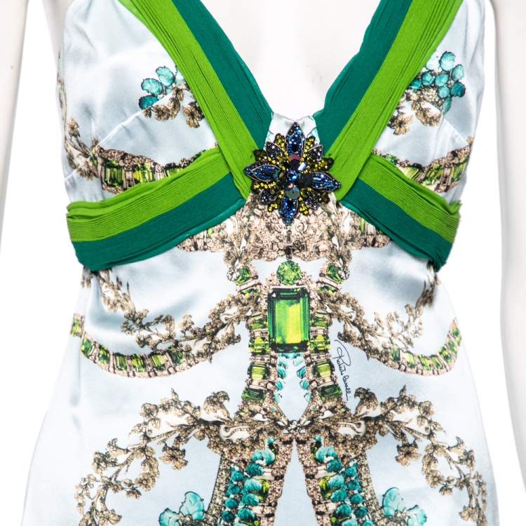 Pre Owned Roberto Cavalli Blue Jewel Printed and Embellished Plunging Neck Sleeveless Midi Dress M