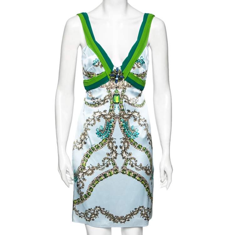 Pre Owned Roberto Cavalli Blue Jewel Printed and Embellished Plunging Neck Sleeveless Midi Dress M