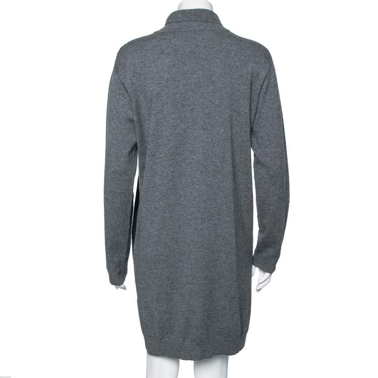 Pre Owned Roberto Cavalli Grey Front Printed Silk and Wool Turtleneck Long Sleeve Dress M