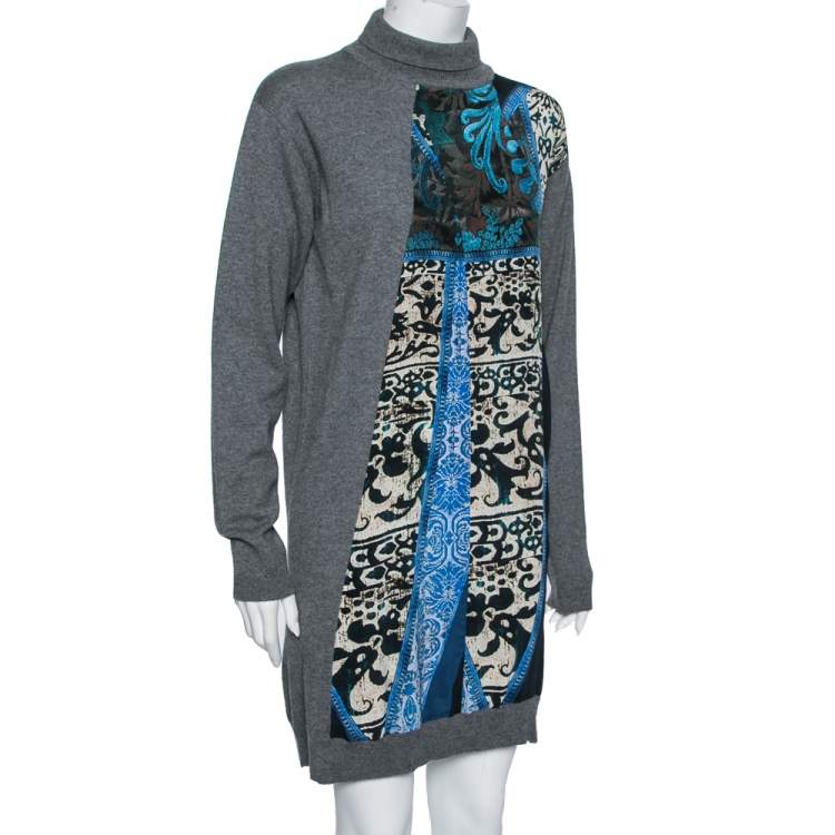 Pre Owned Roberto Cavalli Grey Front Printed Silk and Wool Turtleneck Long Sleeve Dress M