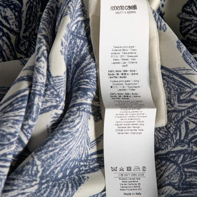 Pre Owned Roberto Cavalli Blue & Cream Printed Satin Silk Button Front Shirt M