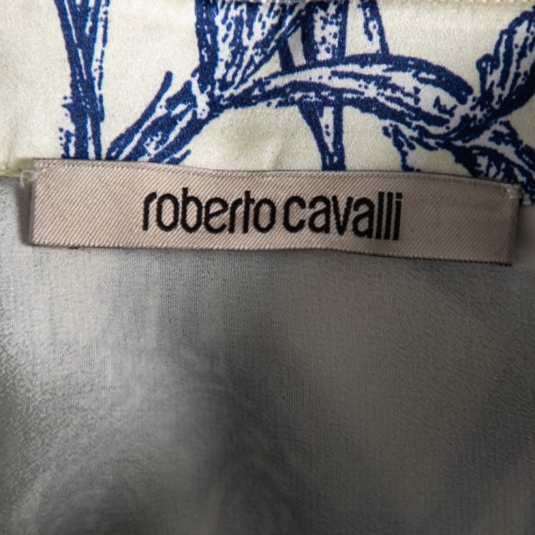 Pre Owned Roberto Cavalli Blue & Cream Printed Satin Silk Button Front Shirt M