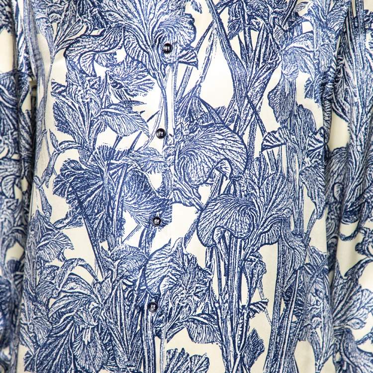 Pre Owned Roberto Cavalli Blue & Cream Printed Satin Silk Button Front Shirt M