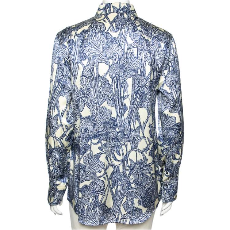 Pre Owned Roberto Cavalli Blue & Cream Printed Satin Silk Button Front Shirt M