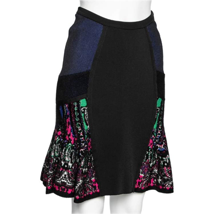 Pre Owned Roberto Cavalli Black and Multicolor Knit Flare Skirt M