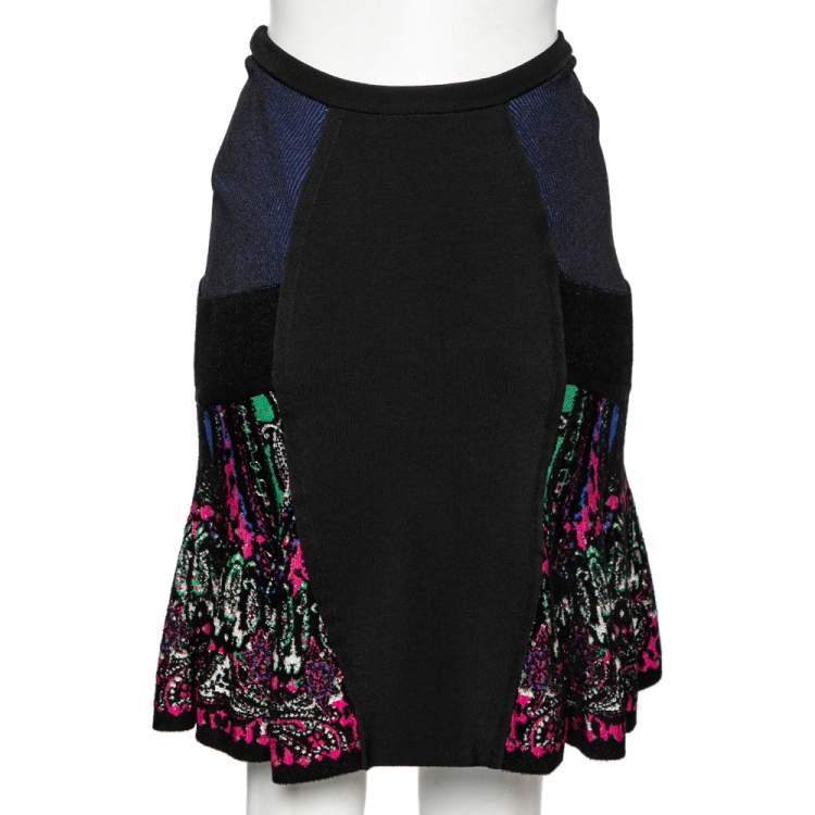 Pre Owned Roberto Cavalli Black and Multicolor Knit Flare Skirt M