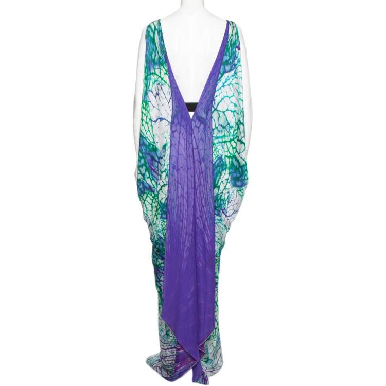 Pre Owned Roberto Cavalli Multicolor Printed Silk Plunging Neck Kaftan Maxi Dress M