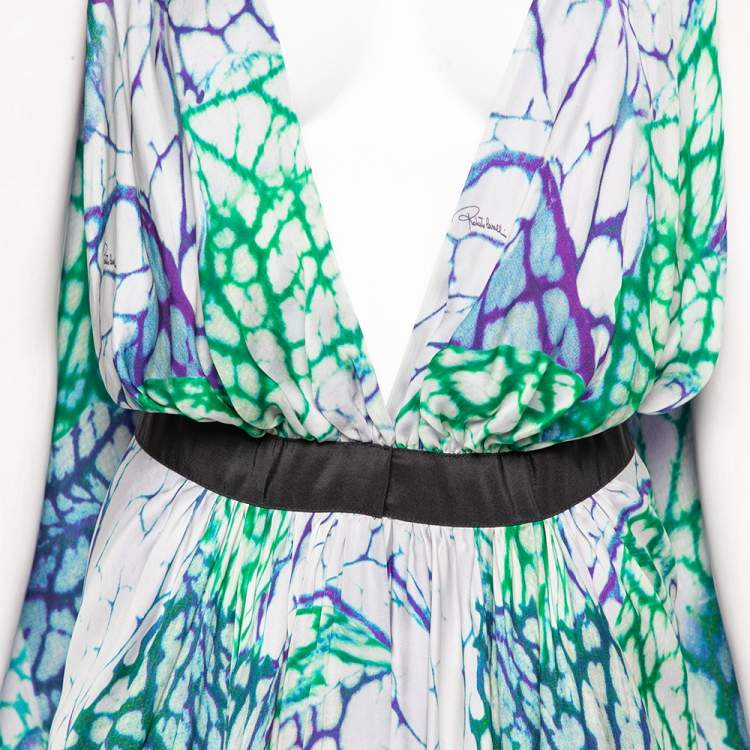 Pre Owned Roberto Cavalli Multicolor Printed Silk Plunging Neck Kaftan Maxi Dress M