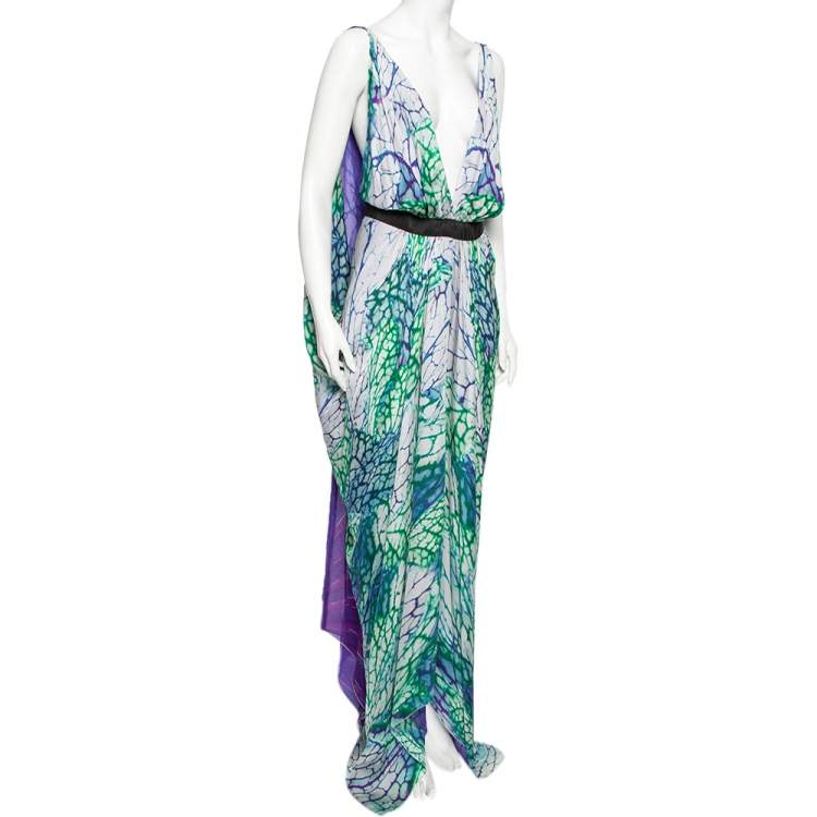 Pre Owned Roberto Cavalli Multicolor Printed Silk Plunging Neck Kaftan Maxi Dress M