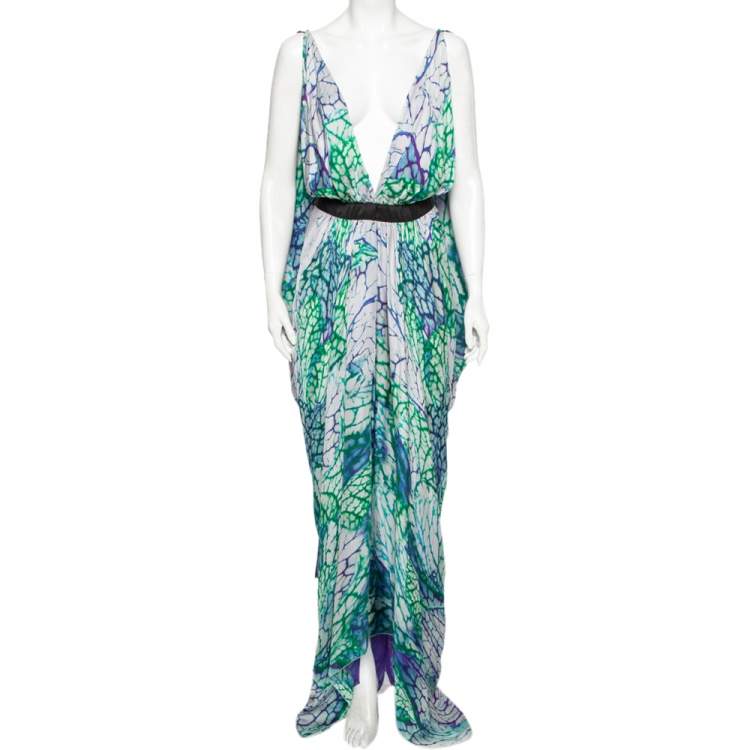 Pre Owned Roberto Cavalli Multicolor Printed Silk Plunging Neck Kaftan Maxi Dress M