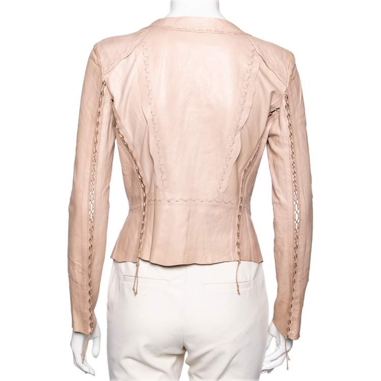 Pre Owned Roberto Cavalli Pink Leather Lace-Up Detailed Leather Jacket M