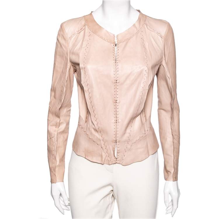 Pre Owned Roberto Cavalli Pink Leather Lace-Up Detailed Leather Jacket M