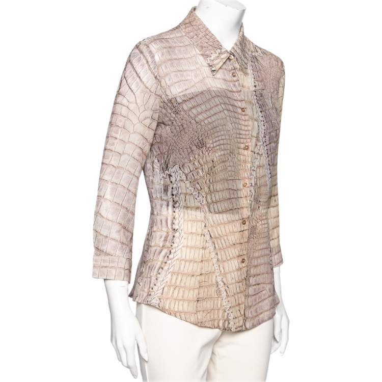 Pre Owned Roberto Cavalli Beige Printed Silk Button Front Shirt M