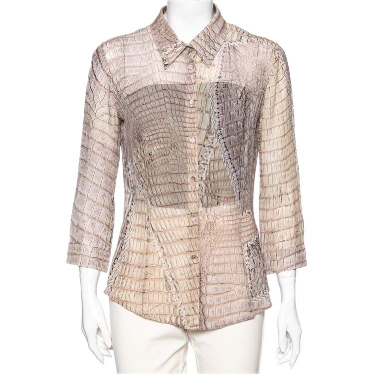 Pre Owned Roberto Cavalli Beige Printed Silk Button Front Shirt M