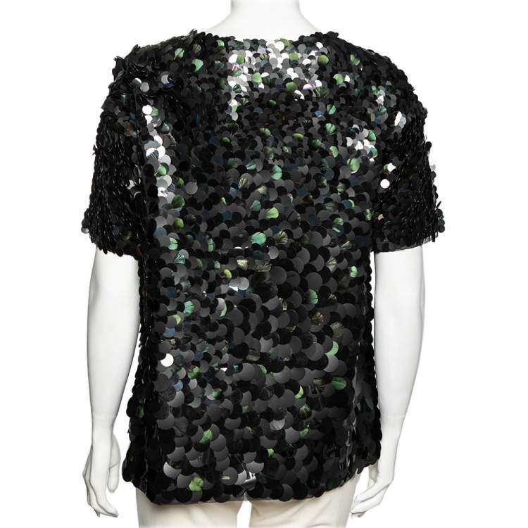 Pre Owned Roberto Cavalli Two Toned Paillette & Feather Embellished Silk Top M