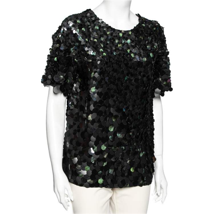 Pre Owned Roberto Cavalli Two Toned Paillette & Feather Embellished Silk Top M