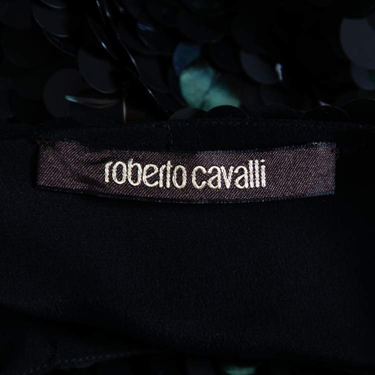 Pre Owned Roberto Cavalli Two Toned Paillette & Feather Embellished Silk Top M