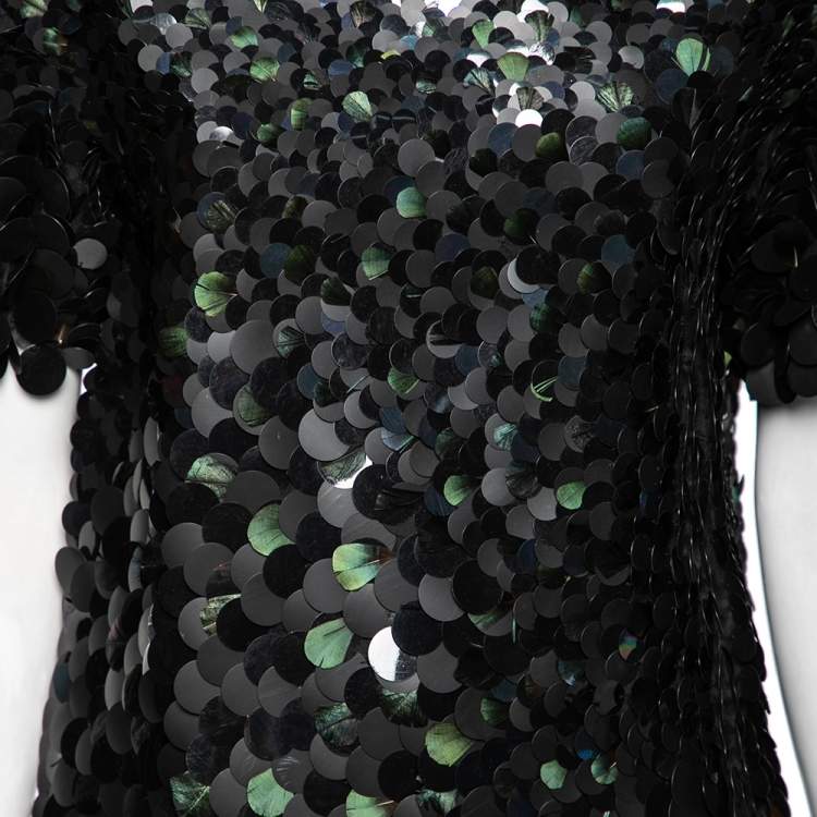 Pre Owned Roberto Cavalli Two Toned Paillette & Feather Embellished Silk Top M