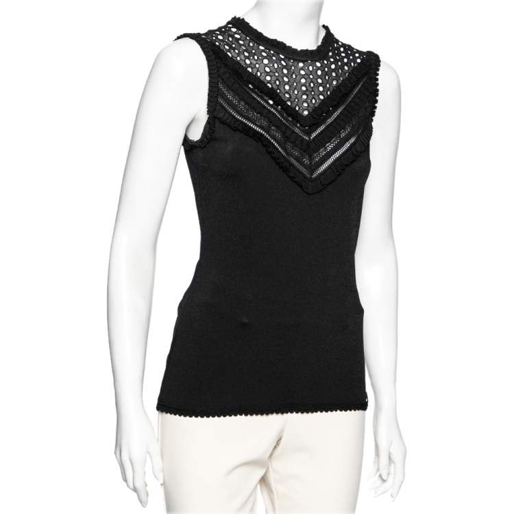 مملوكة مسبقًا Roberto Cavalli Black Knit & Eyelet Detailed Sleeveless Top M