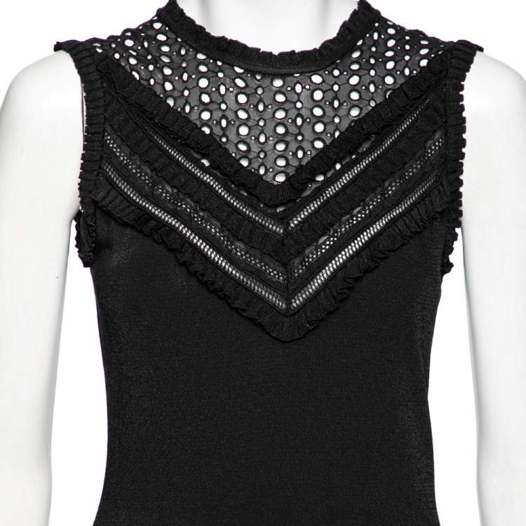 مملوكة مسبقًا Roberto Cavalli Black Knit & Eyelet Detailed Sleeveless Top M