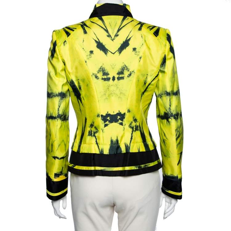 Pre Owned Roberto Cavalli Neon Yellow Printed Silk Pocket Detailed Jacket M 