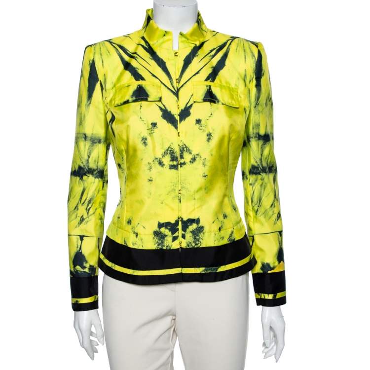 Pre Owned Roberto Cavalli Neon Yellow Printed Silk Pocket Detailed Jacket M 